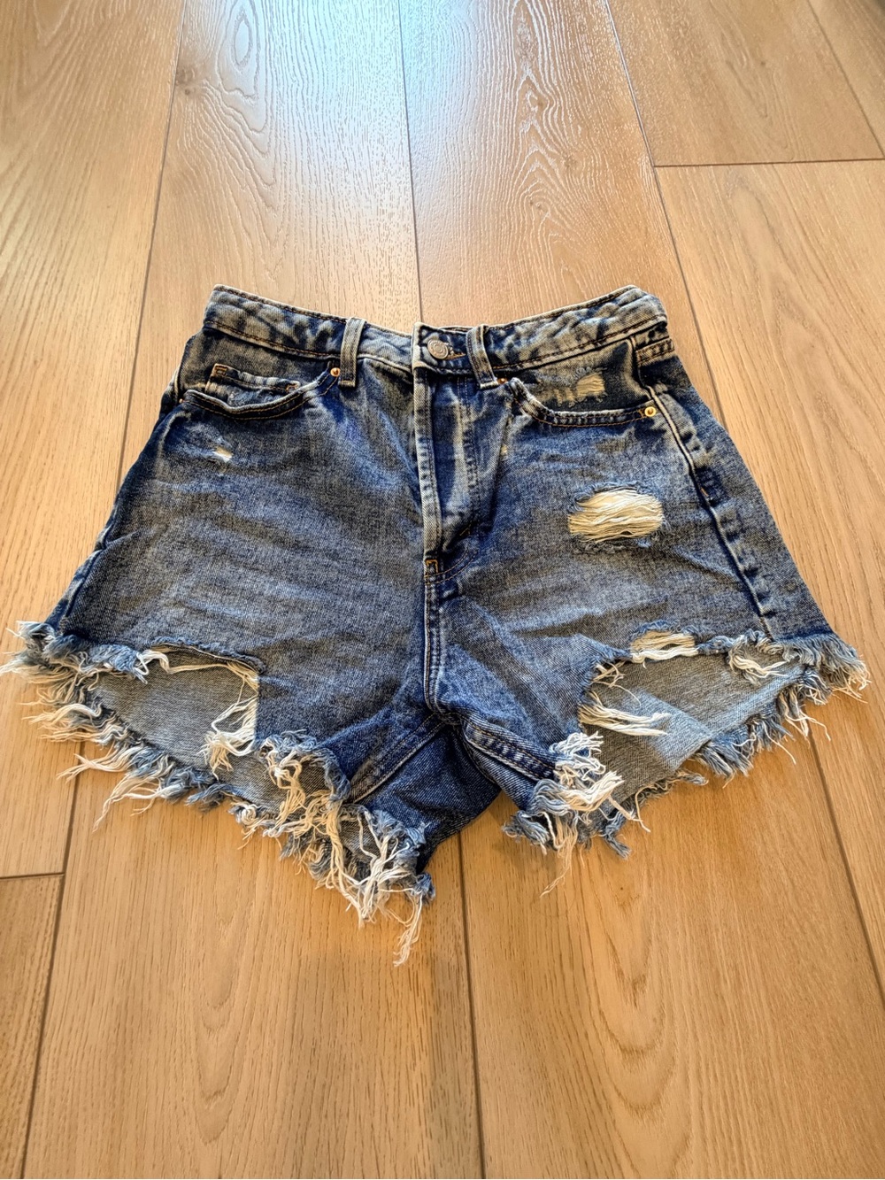 Distressed High-Waist Denim Shorts - Blue